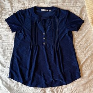 Notations Navy Short-Sleeve Pintuck Henley Blouse